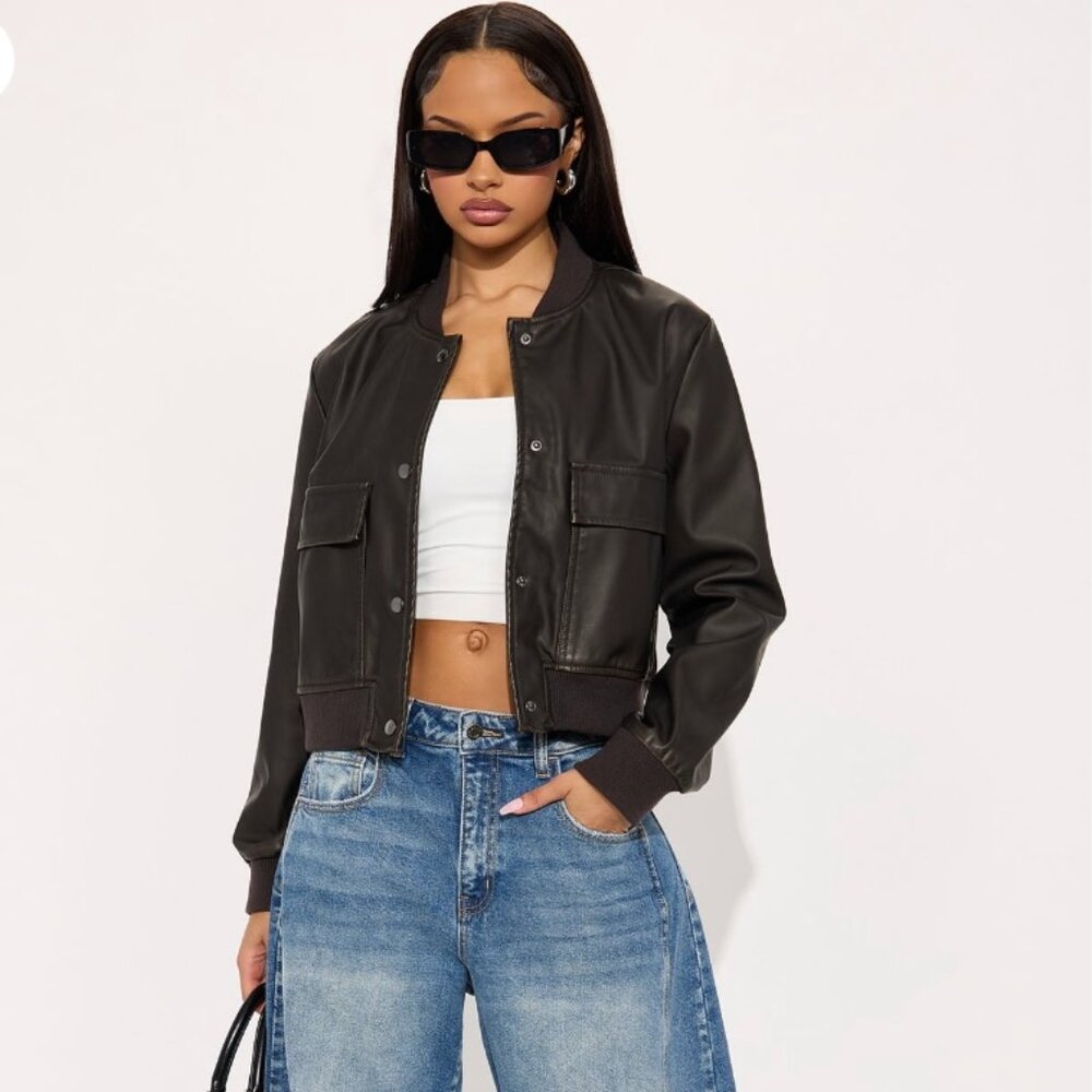 New Fashion Nova Faux Leather Bomber Jacket Chocolate Choose Your Size S, M, L